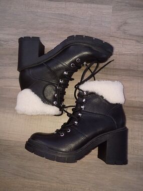 Marc Fisher Vacinta Black Heeled Ankle Boots with White Shearling Cuff